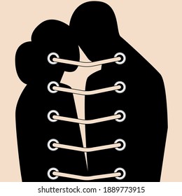 Vector. Romantic background for Valentine's Day. A couple in love: a guy and a girl are hugging. The pair is tied with a lace. Minimalistic backgrounds for branding, banner, cover.