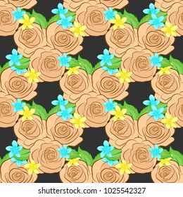 Vector romantic background for web pages, wedding invitations, textile, wallpaper. Watercolor rose flowers and green leaves seamless pattern in gray, blue and beige colors.