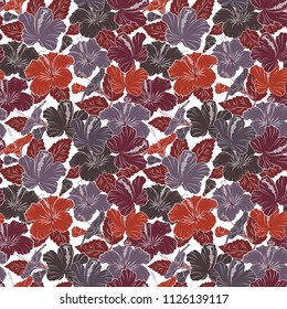Vector romantic background for web pages, wedding invitations, textile, wallpaper. Watercolor hibiscus flowers seamless pattern in brown and white colors.