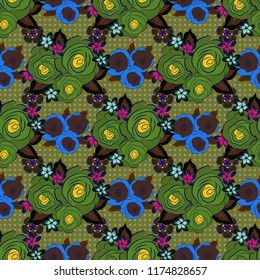 Vector romantic background for web pages, wedding invitations, textile, wallpaper. Watercolor rose flowers and green leaves seamless pattern in brown, green and blue colors.
