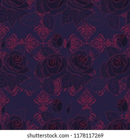 Vector romantic background for web pages, wedding invitations, textile, wallpaper. Watercolor rose flowers and green leaves seamless pattern in violet, gray and red colors.