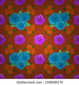 Vector romantic background for web pages, wedding invitations, textile, wallpaper. Watercolor rose flowers and green leaves seamless pattern in orange, blue and violet colors.