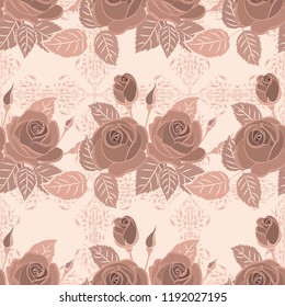 Vector romantic background for web pages, wedding invitations, textile, wallpaper. Watercolor rose flowers and green leaves seamless pattern in beige, pink and brown colors.