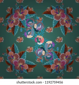 Vector romantic background for web pages, wedding invitations, textile, wallpaper. Watercolor hibiscus flowers seamless pattern in brown, green and blue colors.