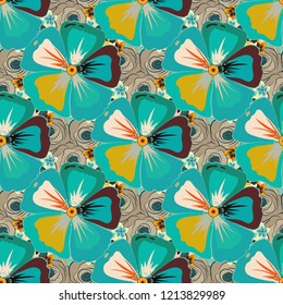 Vector romantic background for web pages, wedding invitations, textile, wallpaper. Watercolor cosmos flowers seamless pattern in beige, blue and green colors.