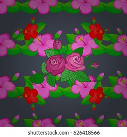 Vector romantic background for web pages, wedding invitations, textile, wallpaper. Hibiscus flowers seamless pattern on a gray background.