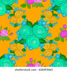 Vector romantic background for web pages, wedding invitations, textile, wallpaper. Watercolor rose flowers and green leaves seamless pattern on a yellow background.