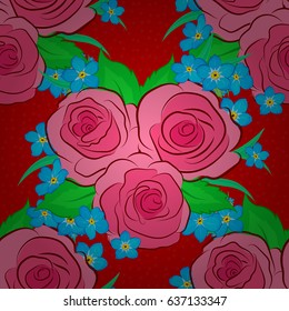 Vector romantic background for web pages, wedding invitations, textile, wallpaper. Watercolor rose flowers and green leaves seamless pattern on a red background.