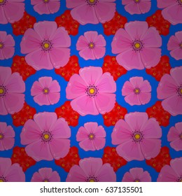 Vector romantic background for web pages, wedding invitations, textile, wallpaper. Watercolor cosmos flowers seamless pattern on a blue background.