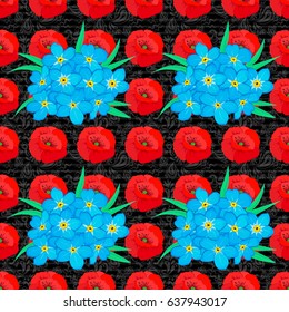 Vector romantic background for web pages, wedding invitations, textile, wallpaper. Watercolor forget-me-not flowers seamless pattern on a black background.