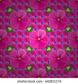 Vector romantic background for web pages, wedding invitations, textile, wallpaper. Watercolor cosmos flowers seamless pattern on a blue background.