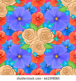 Vector romantic background for web pages, wedding invitations, textile, wallpaper. Watercolor rose flowers and green leaves seamless pattern on a pink background.