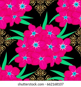 Vector romantic background for web pages, wedding invitations, textile, wallpaper. Watercolor primula flowers seamless pattern on a black background.