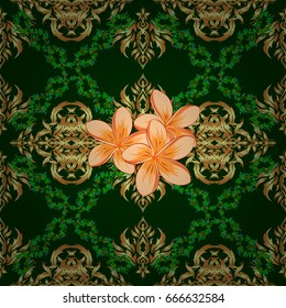 Vector romantic background for web pages, wedding invitations, textile, wallpaper. Watercolor plumeria flowers seamless pattern on a green background.