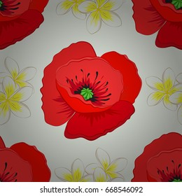 Vector romantic background for web pages, wedding invitations, textile, wallpaper. Watercolor poppy flowers seamless pattern on a beige background.