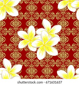 Vector romantic background for web pages, wedding invitations, textile, wallpaper. Watercolor plumeria flowers seamless pattern on a red background.
