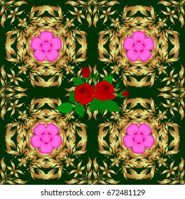 Vector romantic background for web pages, wedding invitations, textile, wallpaper. Watercolor rose flowers and green leaves seamless pattern on a green background.