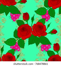 Vector romantic background for web pages, wedding invitations, textile, wallpaper. Watercolor rose flowers and green leaves seamless pattern in red and magenta colors.
