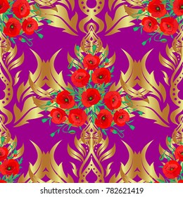 Vector romantic background for web pages, wedding invitations, textile, wallpaper. Watercolor poppy flowers seamless pattern in brown, purple and red colors.