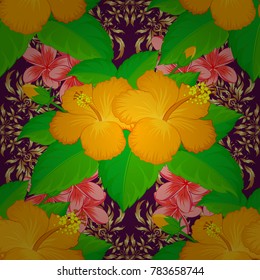 Vector romantic background for web pages, wedding invitations, textile, wallpaper. Watercolor hibiscus flowers seamless pattern in yellow, purple and green colors.