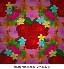 Vector romantic background for web pages, wedding invitations, textile, wallpaper. Watercolor rose flowers and green leaves seamless pattern in red, pink and orange colors.