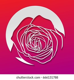 Vector romantic beautiful cutout white paper rose with shadow in round flower floral icon