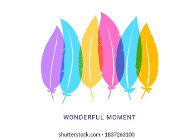 Vector romantic beautiful illustration of bright color transparent feather and word wonderful on white background. Flat style design for inspirational poster, wedding invitation, greeting card