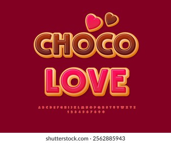 Vector Romantic card Choco Love. Delicious Donut Font. Cake style Alphabet Letters and Numbers set.