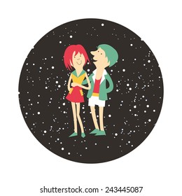 Vector romantic card with couple in love and space background