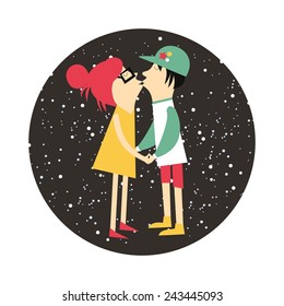 Vector romantic card with couple in love and space background