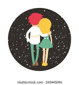 Vector romantic card with couple in love and space background