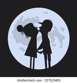 Vector romantic card with couple silhouettes in love and moon