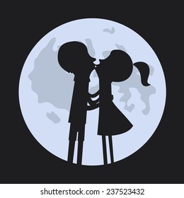 Vector romantic card with couple silhouettes in love and moon