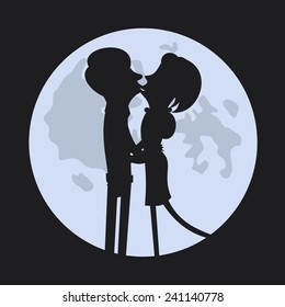 Vector romantic card with couple silhouettes in love and moon 