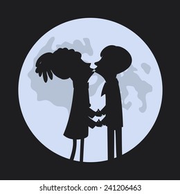 Vector romantic card with couple silhouettes in love and moon 
