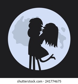 Vector romantic card with couple silhouettes in love and moon 