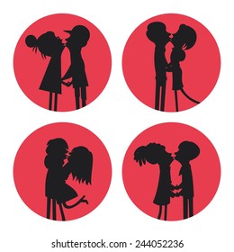 Vector romantic card with couple silhouettes in love on pink background