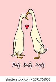 Vector romantic card with a cute couple of  Indian Runner ducks in love. Ink drawing, graphic style. Beautiful Valentine's Day celebration design elements. svg