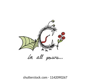 Vector romantic card with hand drawn cute monster holding a flower. Graphic style, ink drawing. Beautiful design elements