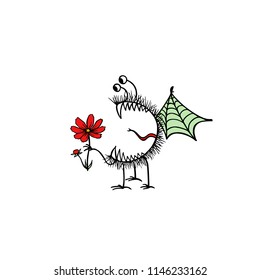 Vector romantic card with hand drawn cute monster holding a flower. Graphic style, ink drawing. Beautiful design elements