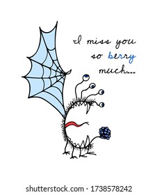Vector romantic card with hand drawn cute monster with juicy blueberry. Beautiful design elements, funny illustration,  ink drawing