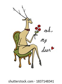 Vector romantic card with hand drawn elegant deer with red flower. Ink drawing, funny illustration. Beautiful design elements for Valentine's Day celebration