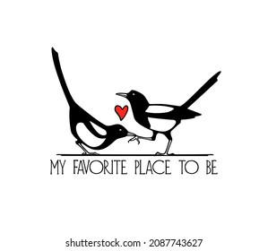 Vector romantic card with hand drawn cute Magpies couple in love. Ink drawing, graphic style. Beautiful Valentine's day celebration card, animal design elements.