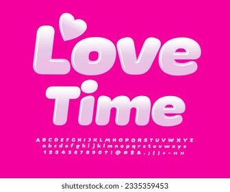 Vector romantic card Love Time. Funny White Font. Cute Glossy Alphabet Letters, Numbers and Symbols.