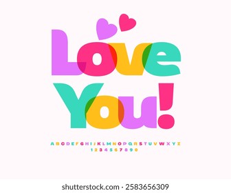 Vector Romantic Card Love You with Decorative Hearts, Modern Watercolor Font. Fashion Transparent Alphabet letters and Numbers set.