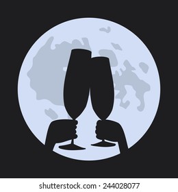 Vector romantic card with silhouettes of glasses with champagne and moon 
