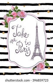 Plantilla de carta romántica vectorial con rosas rosas rosas, Torre Eiffel. 