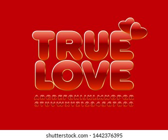Vektorromantische Karte Wahre Liebe mit dekorativen Herzen mit Uppercase Font. Rot und Golden chic Alphabet. Anzahl der Elite-Buchstaben