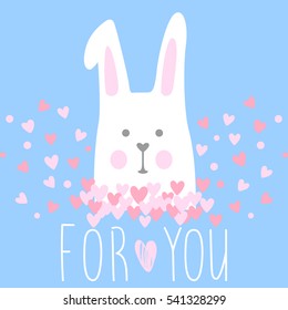 Vector Romantic card for Valentine's Day. Cartoon rabbit and hearts. Sweet and lovely illustration. Greeting card for loved. Tender colors. Sweetheart template design.