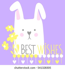 Vector Romantic card for Valentine's Day. Cartoon rabbit, flowers and hearts. Sweet and lovely illustration. Greeting card for loved. Tender colors. Sweetheart template design. Best wishes.